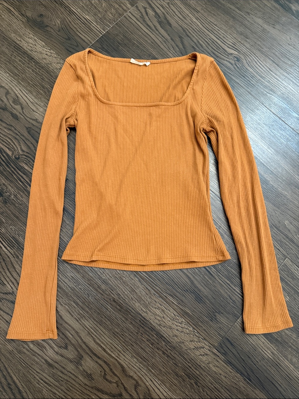 Women's Ribbed Long-Sleeve Square Neck Top - Rust